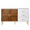 Modern Sideboard MDF Buffet Cabinet Marble Sticker Tabletop and Amber-yellow Tempered Glass Doors with Gold Metal Legs & Handles (White)