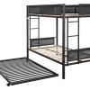 Metal bunk bed with Trundle/ Sturdy Metal Frame/ Noise-Free Wood Slats/ Comfortable Textilene Guardrail/ 2 side Ladders/ Space-Saving Trundle/ Bunk Be