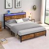 Industrial Queen Bed Frame with LED Lights and 2 USB Ports, Bed Frame Queen Size with Storage, Noise Free, No Box Spring Needed, Rustic Brown