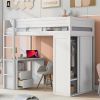 Wood Twin Size Loft Bed with Wardrobes and 2-Drawer Desk with Cabinet, White