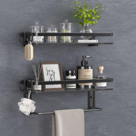 Glass Shelf for Bathroom 15.7 in Bathroom Shelves with Towel Bar Tempered Glass Shelves with 4 Removable Hooks for Wall(2 Tier) (Color: Black)