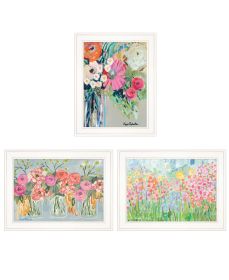 "Garden Flowers III" 3-Piece Vignette By Kait Roberts, Ready to Hang Framed Print, White Frame (Color: as Pic)