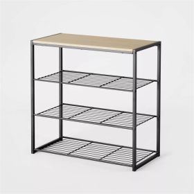 4 Tier Shoe Rack Black Metal with Natural (Color: Black)